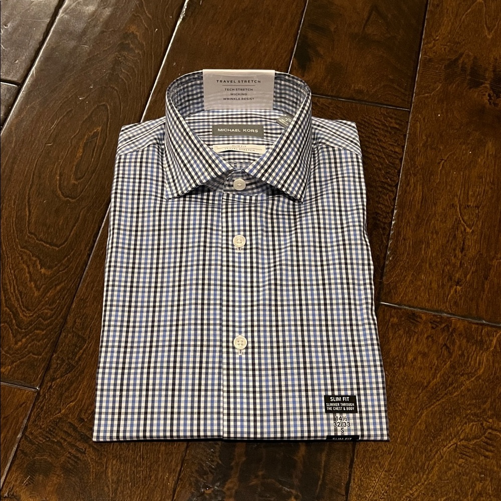 Michael Kors Navy and White Checkered Dress Shirt
